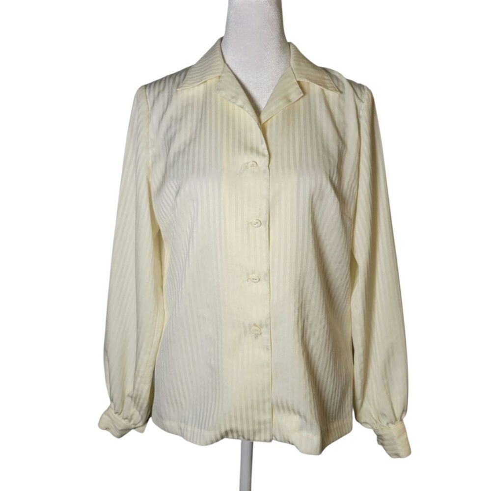 Vtg 70s Pastel Yellow Pinstripe Blouse Dagger Collar Mod Retro Top M Secretary